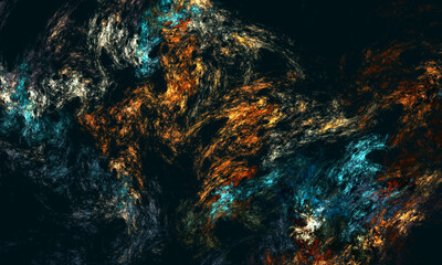Wall Mural - Fictional earth or ocean surface from space, galactic nebula, colorful marine blue orange paint stains over dark background. Artistic creative 3d pattern or texture. Great as cover print, decoration.