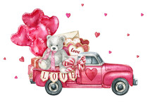 Valentine Pink Truck With Teddy Bear,letters,gift Box. Watercolor Valentine's Day Car, Heart Balloons, Love Wedding Car Graphics. Loads Of Love Postcard