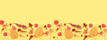 Top View Image Of Autumn Forest Natural Composition Over Yellow Background .Flat Lay. Banner