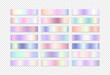 Rainbow gradient colors set. Unicorn holographic, metallic, silver, elegant chrome, iridescent swatches palette on transparent background. Vector shiny multicolor metal background collection