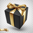 © He2 - Vector realistic illustration of a black gift box with a gold ribbon on a transparent background.
