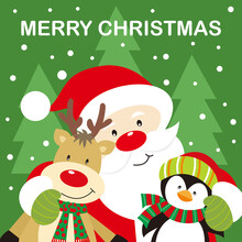 Christmas Card With Santa Claus, Reindeer And Penguin