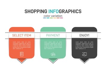 Concept of shopping process with 3 successive steps. Three colorful graphic elements. Timeline design for brochure, presentation, web site. Infographic design layout.