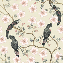 Vintage Garden Tree, Flowers, Bird  Floral Seamless Pattern Light Background. Exotic Chinoiserie Wallpaper.