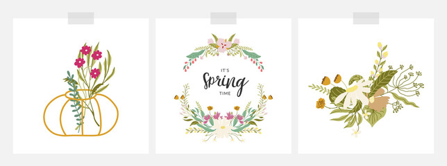 Sticker - Set of spring cards with flowers hand drawn illustrations - in minimalist vase, in bouquet, floral circle frame. Pretty vector decorations. Isolated on white.