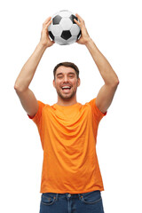 Sticker - sport, leisure games and people concept - happy smiling man or football fan with soccer ball over white background