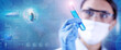 © Paulista - Woman chemist examining a test-tube with blue liquid while working at drugs synthesis in scientific background with data, chart and pill 3d rendering.