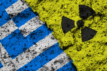 Wall Mural - Concept of the Nuclear Energy Policy of Greece with a flag and a radiation hazard sign painted on a rough wall