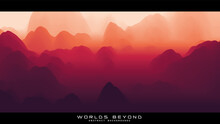 Fog Over Mountains. Vector Landscape Panorama. Abstract Red Gradient Eroded Terrain. Worlds Beyond.
