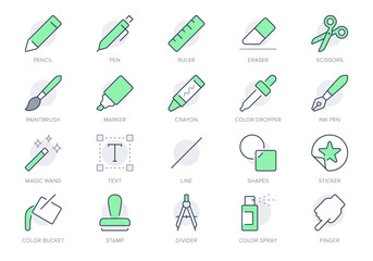 Drawing tool line icons. Vector illustration include icon - pencil, paintbrush, divider, magic wand, wax crayon, marker outline pictogram for stationery items. Green Color, Editable Stroke