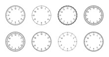 Clock Faces. Watch Dials With Numbers. Templates Of Round Clock Faces. Design Of Clockfaces For Wall. Classic And Vintage Countdown. Vector