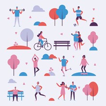 People In Park Icons Collection, Trees And Benches Lantern Illuminating Light, Couples Having Fun Walking, Playing Tennis Vector Illustration