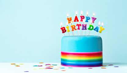 Sticker - Birthday cake with rainbow birthday candles and ribbon