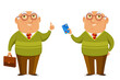 Funny senior businessman, holding a briefcase or a credit card