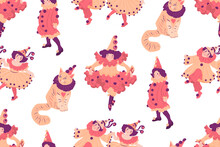 Seamless Pattern With Children In Carnival Costumes And Funny Cat In Cap. Vector Illustration.