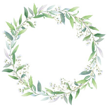 Floral Wreath With Green Leaves And Gypsophila Flowers Hand Drawn In Watercolor Isolated On A White Background. Watercolor Floral Frame. Watercolor Illustration.	