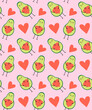 Vector seamless pattern of flat hand drawn avocados and hearts isolated on pink background
