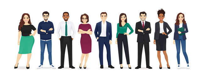 Group of happy diverse business people standing together. Team of colleagues in different ages. Isolated vector illustration.