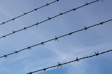 Barbed wire against a wispy blue sky