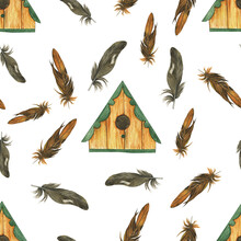 Birdhouse And Feather In Seamless Pattern On White Background. Watercolor Hand Drawing Illustration. Perfect For Digital Paper, Wallpaper, Fabric.