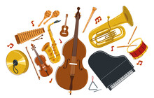 Classical Music Instruments Composition Vector Flat Style Illustration Isolated On White, Classic Orchestra Acoustic Sound, Concert Or Festival, Diversity Of Musical Tools.