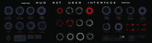Set Of Gray And Red Circles Futuristic HUD Elements. Targets For Navigation. Game Interfaces And Technologies HUD, UI. Panel With Circles On Black Background
