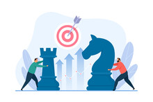Business Strategy Concept. Two Characters Moving Chess Pieces. Vector Illustration Of Business Metaphor.
