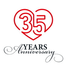 35 Years Anniversary Celebration Number Thirty Five Bounded By A Loving Heart Red Modern Love Line Design Logo Icon White Background