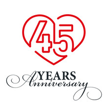 45 Years Anniversary Celebration Number Forty Five Bounded By A Loving Heart Red Modern Love Line Design Logo Icon White Background