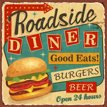 Vintage Roadside Diner Metal Sign.Retro Poster 1950s Style.