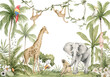 Watercolor composition with African animals and natural elements. Elephant, giraffe, monkeys, parrots, palm trees, flowers. Safari wild creatures. Jungle, tropical illustration for nursery wallpaper