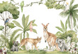 Watercolor composition with Australian animals and natural elements. Kangaroo, koala, dingo dog, parrots, palm trees, flowers.  Wild creatures. Jungle illustration for nursery wallpaper