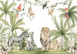 Fototapeta Konie - Watercolor composition with African animals and natural elements. Lion, zebra, monkeys, parrots, palm trees, flowers. Safari wild creatures. Jungle, tropical illustration for nursery wallpaper