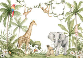 watercolor composition with african animals and natural elements. elephant, giraffe, monkeys, parrot