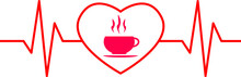 Red Heartbeat With Coffee Shape On White Background. Heartbeat With Heart Sign. Heartbeat Symbol. Flat Style.