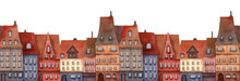 Seamless City Town Horizontal Border, Watercolor Illustration With Brick Houses, Roof Tiles For Banners, Frames