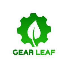 Green gear with a white leaf. Green industry logo. Ecological friendly technology symbol. Cogwheel Sustainable development. Zero emission, carbon neutral concept. Vector illustration, flat, clip art.
