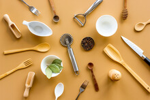 Pattern Of Kitchen Utensils And Cookware. Flat Lay, Top View