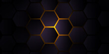 Abstract Black Hexagon Pattern With Orange Light Background. Hexagon Technology Background. Vector Illustrator.