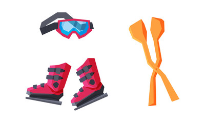 Sticker - Ice Skates and Snow for Surface Gliding and Protective Goggles Vector Set