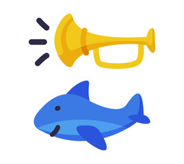 Canvas Print - Trumpet and Blue Shark as Colorful Kids Toy Vector Set