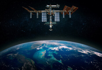 Wall Mural - the international space station orbiting planet earth. scientific space exploration using a space st