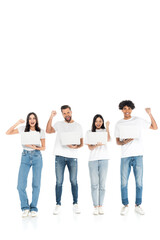 Poster - full length view of happy multiethnic friends with laptops showing triumph gesture on white.