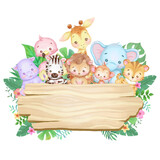 Fototapeta Pokój dzieciecy - Cute baby animals on a  blank wood board. Watercolor and vector illustration.