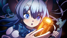 A Charming Mouse Girl With Blue Eyes And Long Anime-style Hair, Curiously Holding Her Breath, Looks At A Magical Golden Artifact With Symbols In One Hand And Holding A Large Key In The Other. 2d Art
