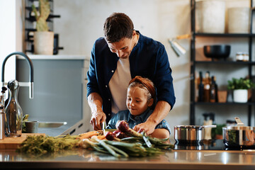 Poster - Father and daughter chopping vegetables