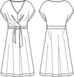 Vector wrap sleeveless maxi dress fashion CAD, woman v-neck long dress with bow and dropped shoulder technical drawing, template, flat, sketch. Jersey or woven fabric dress with front,back view, white