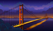 The Golden Gate Bridge Across The Strait. San Francisco. Night View. Vector Illustration