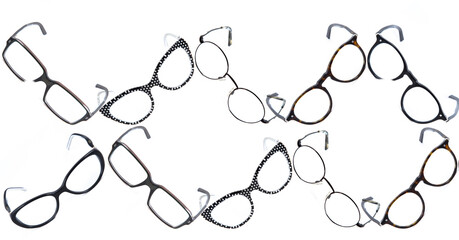 Wall Mural - collage of eyeglass frames on a white background. Glasses on a white background, collage