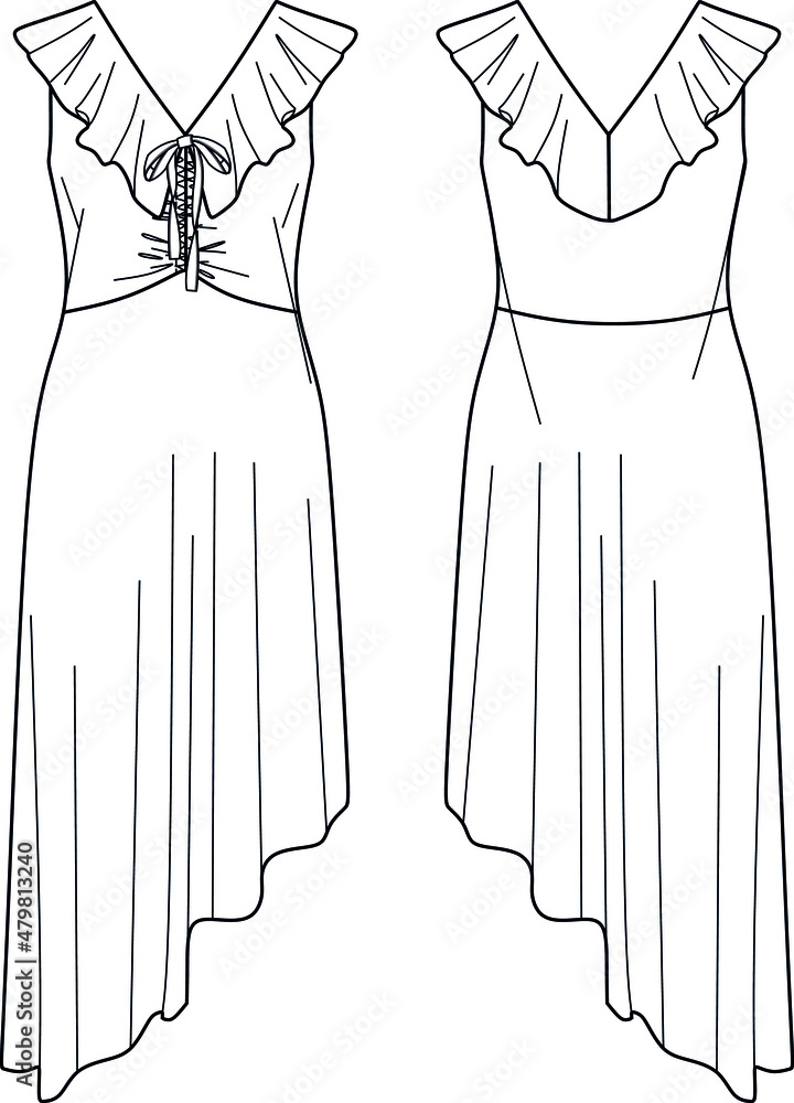 Vector summer dress fashion CAD, woman asymmetric hem chic dress technical  drawing, volant detailed dress fashion flat, template, sketch Stock Vector  | Adobe Stock